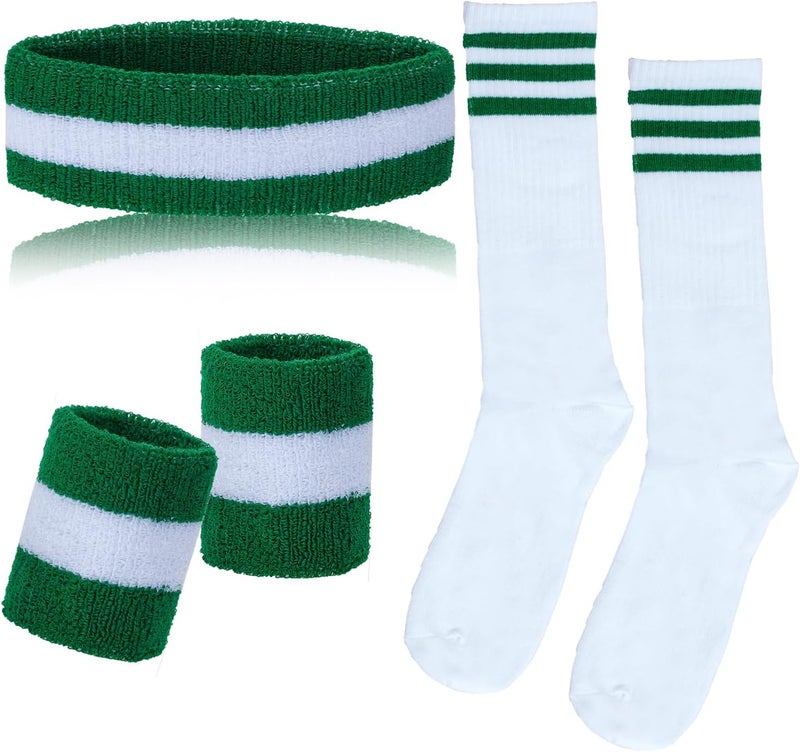 Sucrain 5 Pieces Striped Sweatbands and Socks Set, Sports Sweatbands Wrist Sweat Bands Red, White& Blue High Tube Socks 80s Accessories Costumes for Men Women - Image 1